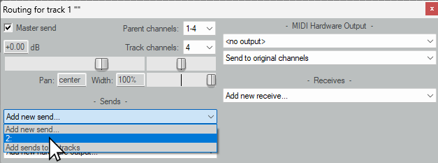 Routing dialog showing Add new send menu